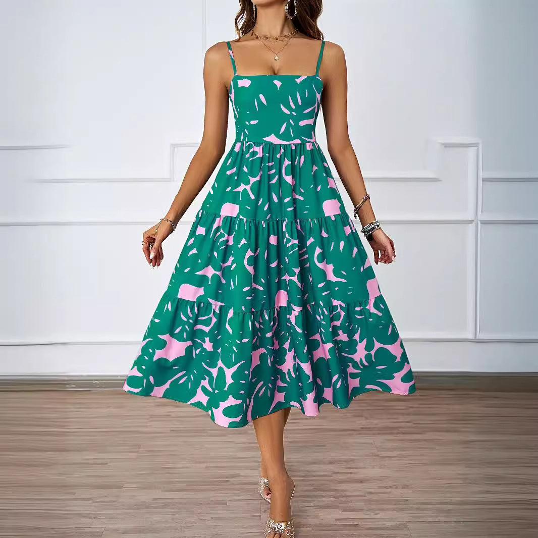 Damen luftiges Midi-Kleid mit floralem Musterdruck und Rüschensaum Sovae
