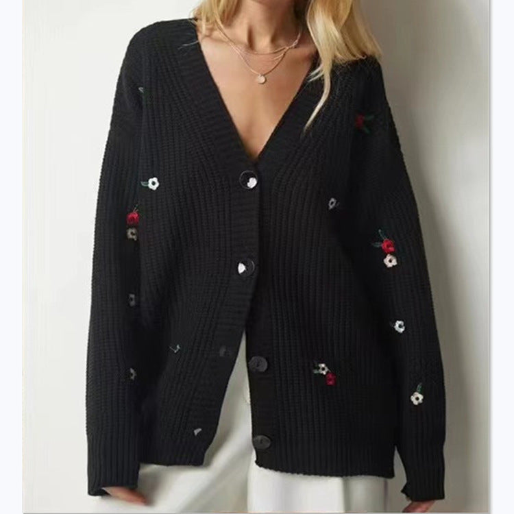 Damen Strickjacke mit floralem Stickdesign und komfortablem Schnitt Sovae