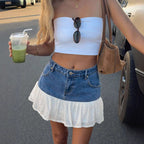 Damen Mini-Rock mit Spitzenunterrand und Jeans-Oberteil Sovae