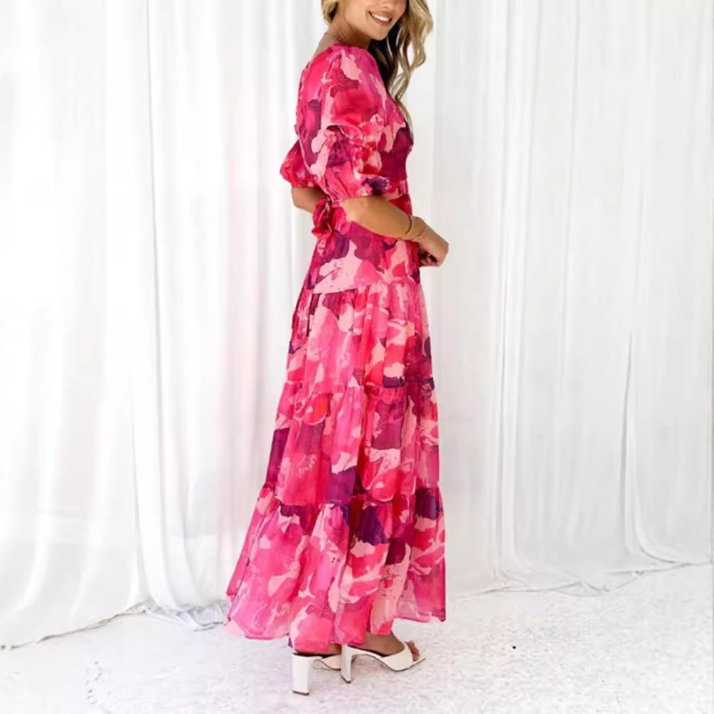 Damen Maxikleid mit voluminösen Rüschen und V-Ausschnitt Sovae