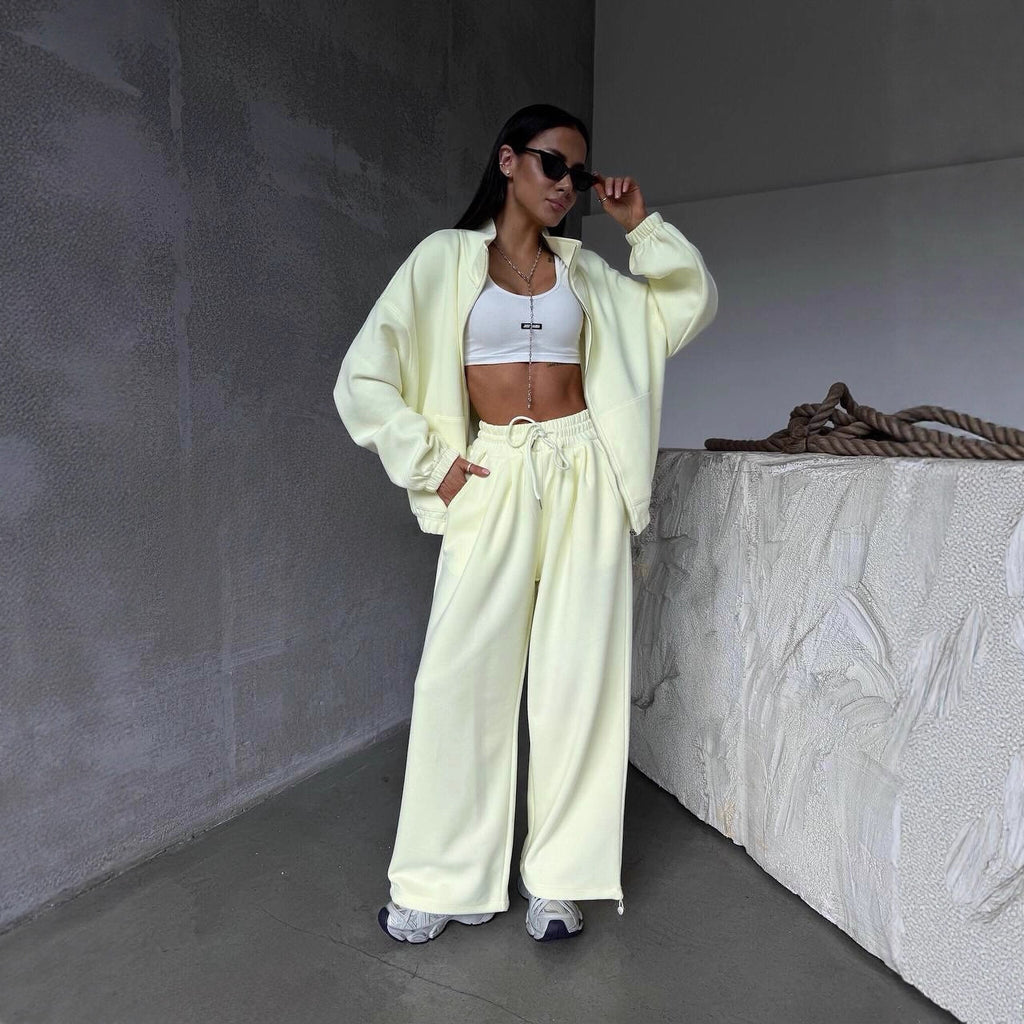 Damen Oversized lässiger Sportanzug mit Reißverschluss und elastischer Taille Sovae
