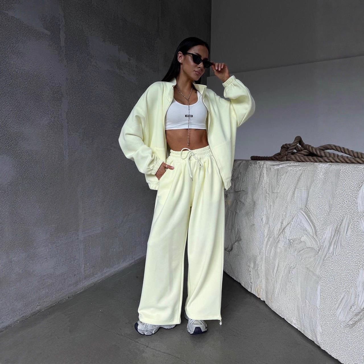 Damen Oversized lässiger Sportanzug mit Reißverschluss und elastischer Taille Sovae