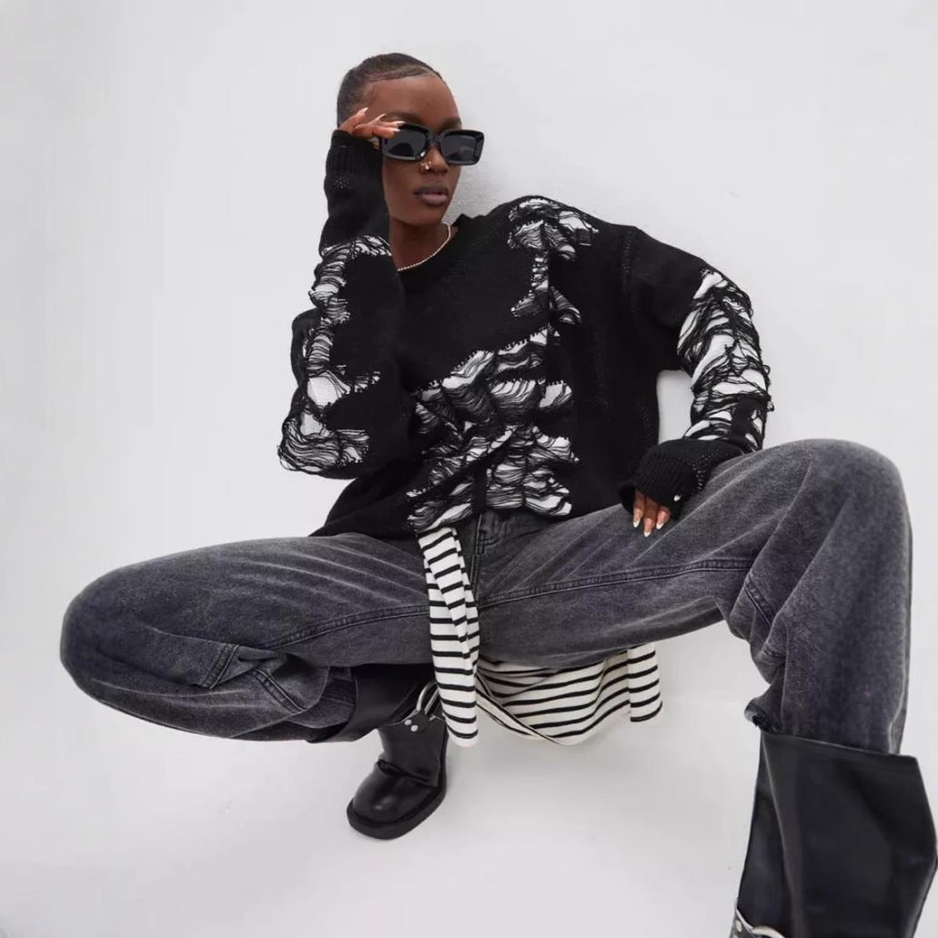 Damen grob gestrickter Oversized-Pullover mit einzigartiger Transparenzstruktur und modernen Akzenten Sovae
