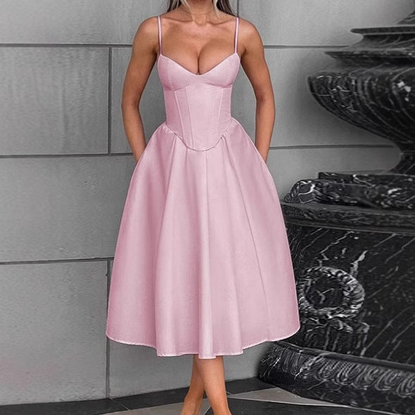 Damen Elegantes A-Linien Midi-Kleid mit Spaghettiträgern und weichem Stoff Sovae