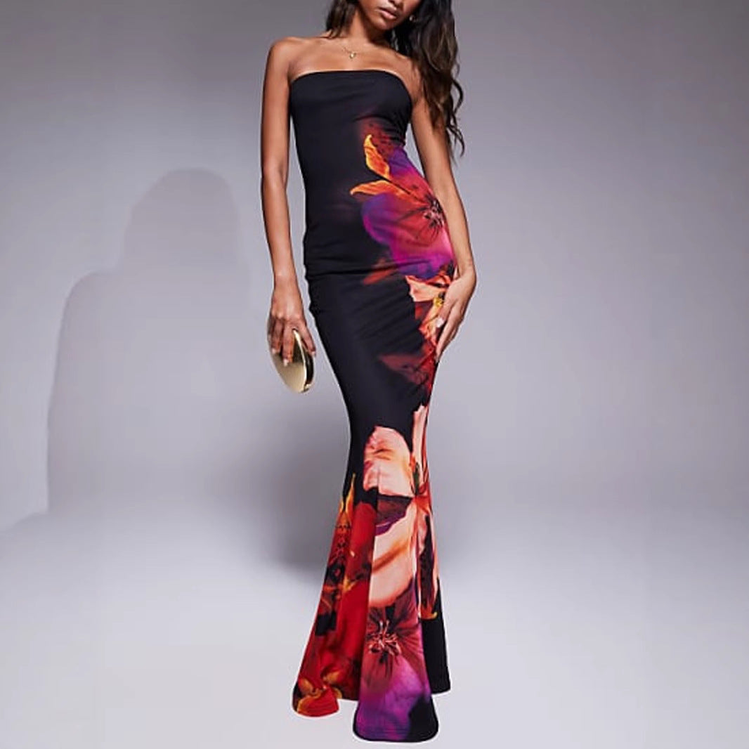 Damen Elegantes Bodenkleid mit floralem Design und Schleppe Sovae