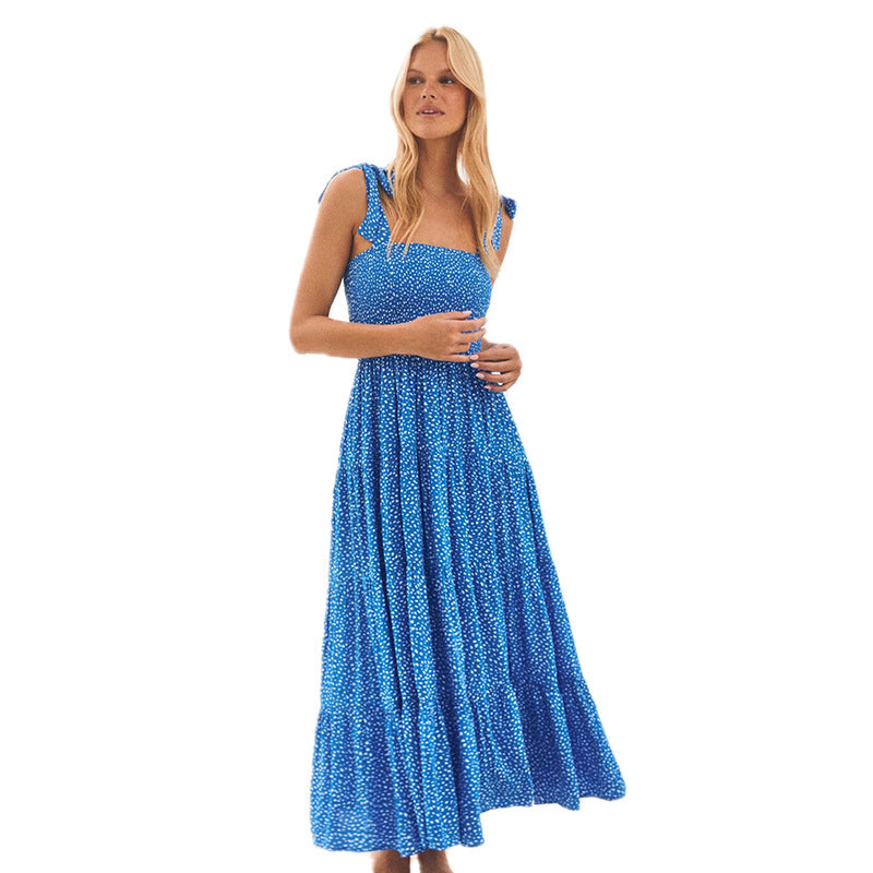 Damen luftiges Maxikleid mit Spaghettiträgern und Rüschendetails Sovae