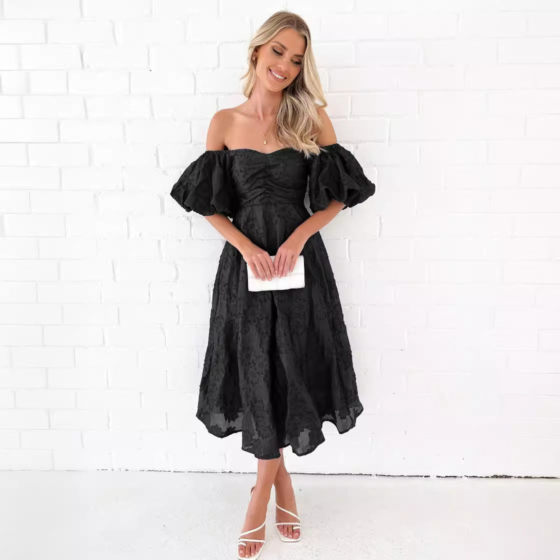 Damen Abendkleid mit Puffärmeln und floralem Jacquard-Muster Sovae