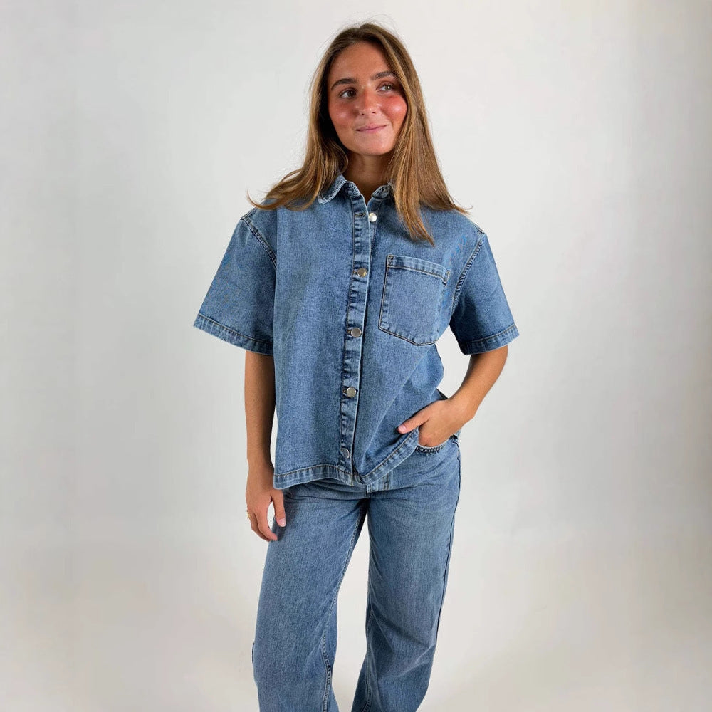 Damen lässige Oversized Denim-Bluse Sovae