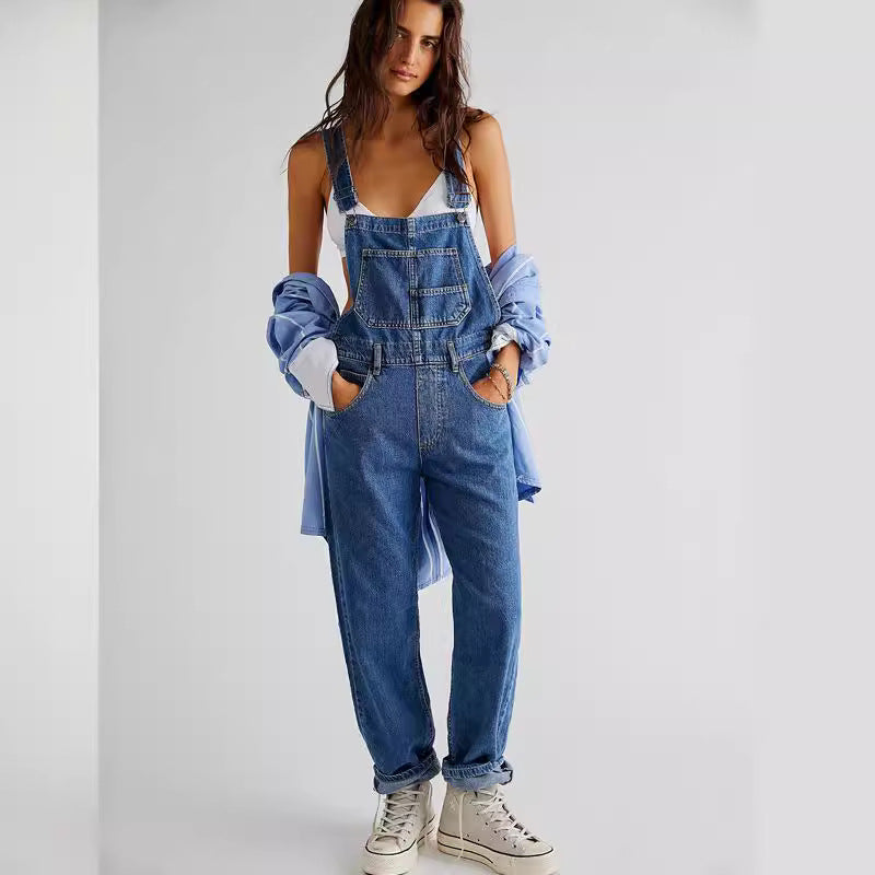 Damen Modische Denim-Latzhose mit verstellbaren Trägern und praktischen Taschen Sovae