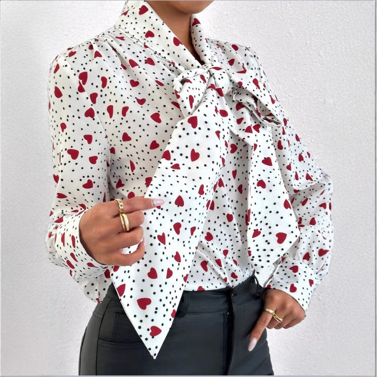 Damen Bluse mit Schleifenkragen und Herzmuster Sovae