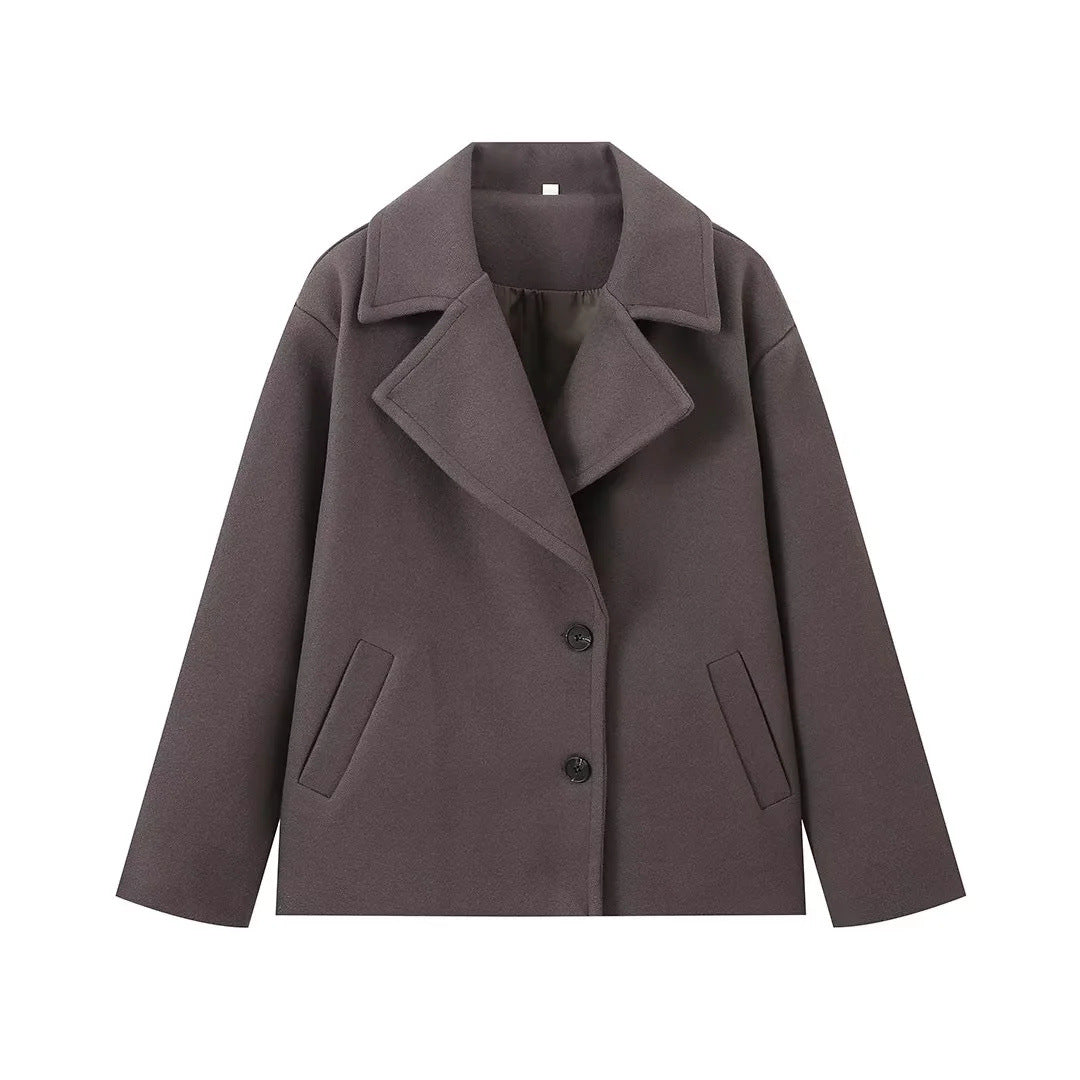 Damen modische Shortjacke mit breitem Revers und Knopfverschluss Sovae