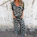 Damen Elegantes Jumpsuit mit weitem Bein und vintage Tierdruck Sovae