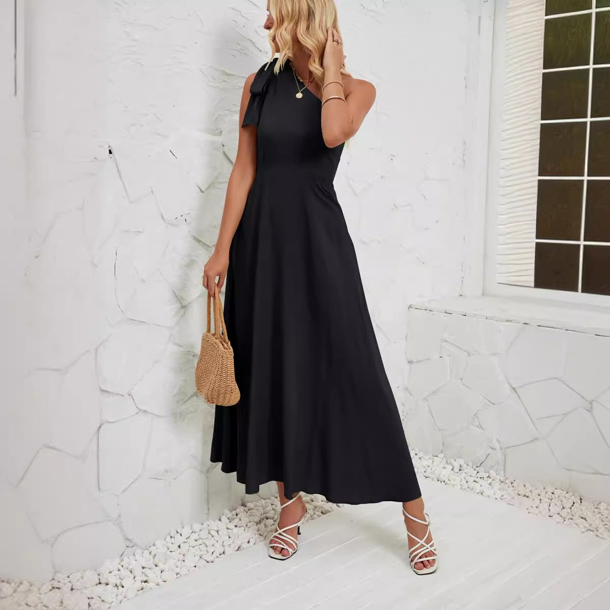 Damen elegantes Maxikleid mit asymmetrischem Träger und fließendem Rock Sovae