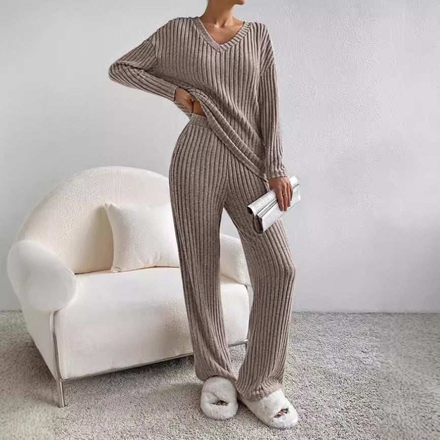 Damen lässiges Strick-Lounge-Set mit V-Ausschnitt Sovae