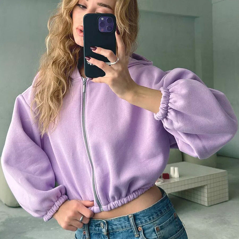 Damen cropped Kapuzenpullover mit voluminösen Ärmeln Sovae