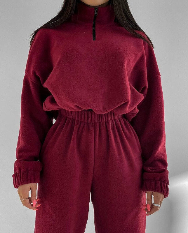Damen bequeme Fleece-Loungejacke mit verkürztem Reißverschluss und elastischem Bund Sovae
