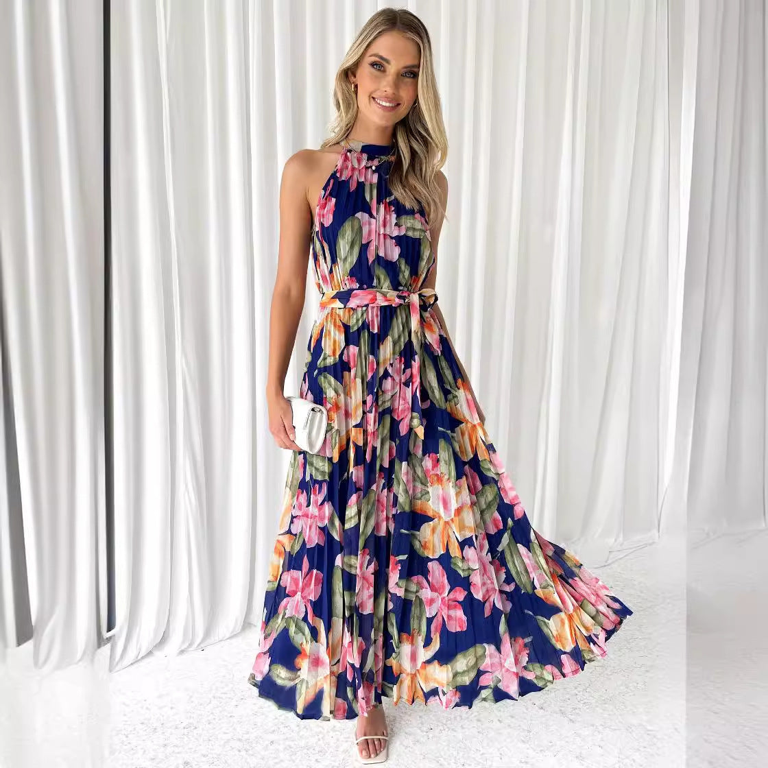 Damen florales Maxikleid mit halbem Kragen und Taillengürtel Sovae