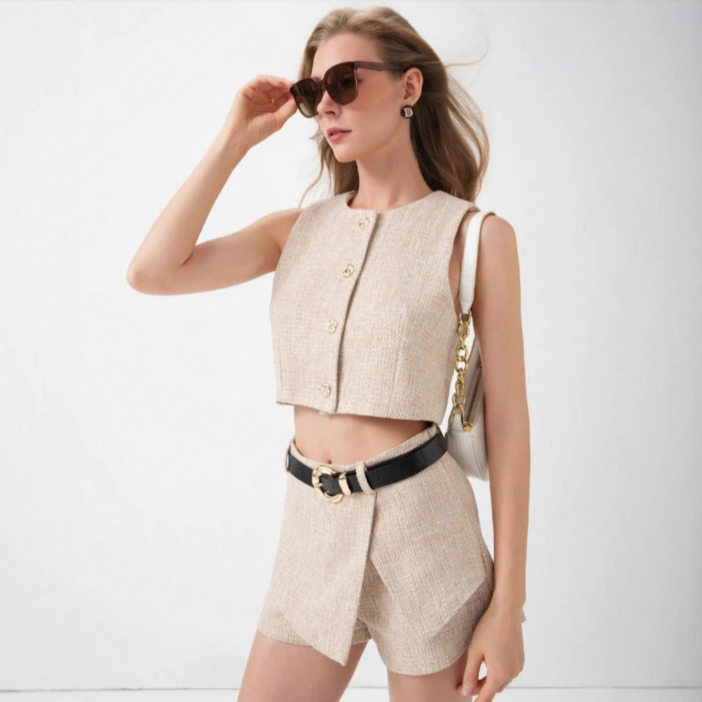 Damen Tweed-Shorts-Set mit tailliertem Oberteil und Gürtel Sovae