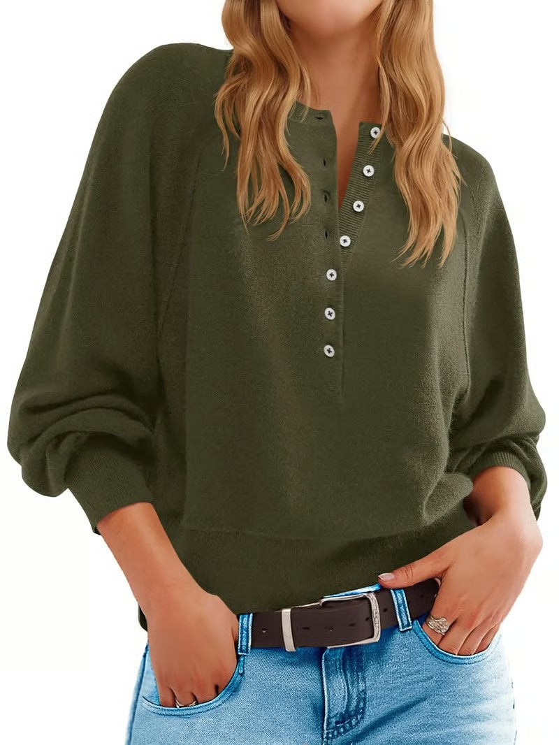 Damen lässiger Pullover mit Knopfleiste und weit geschnittenen Ärmeln Sovae