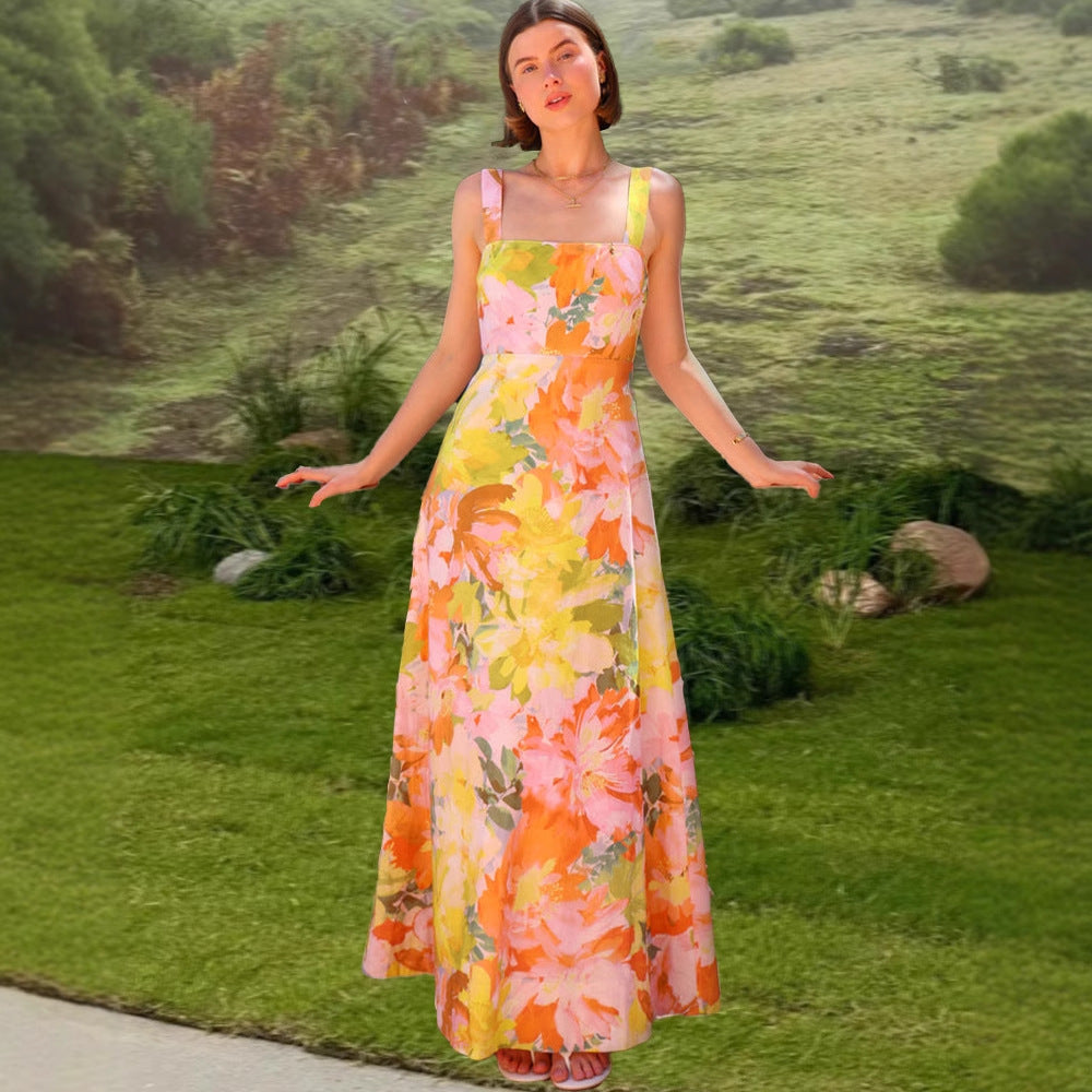 Damen florales Maxikleid mit quadratischem Ausschnitt und breiten Trägern Sovae