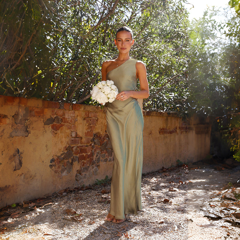 Damen Elegantes Maxikleid mit asymmetrischem Träger und fließendem Stoff Sovae