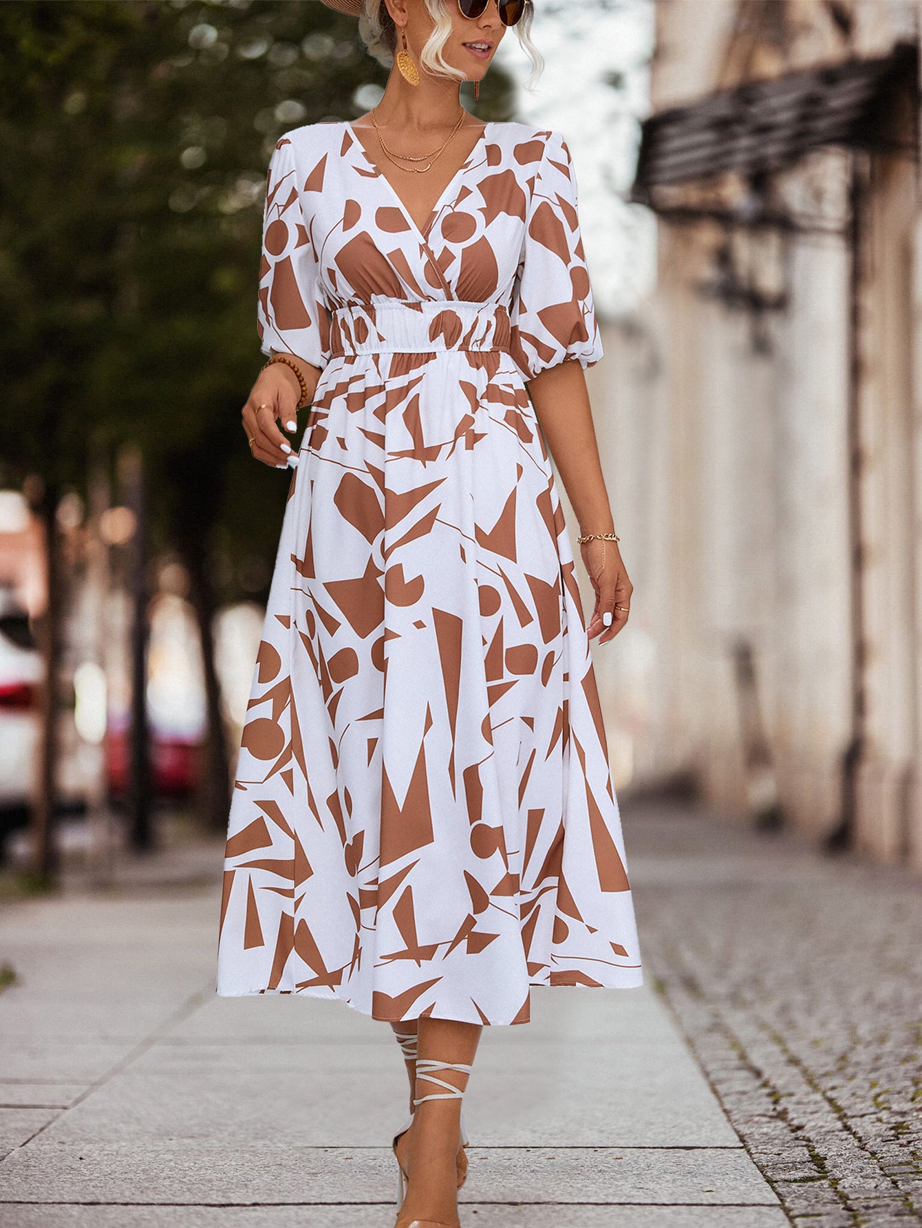 Damen Midikleid mit geometrischem Muster und elastischem Bund Sovae