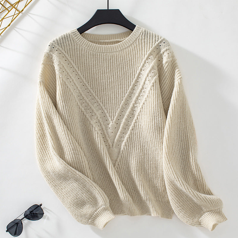 Damen Strickpullover mit V-Ausschnitt und dekorativem Strukturmuster Sovae