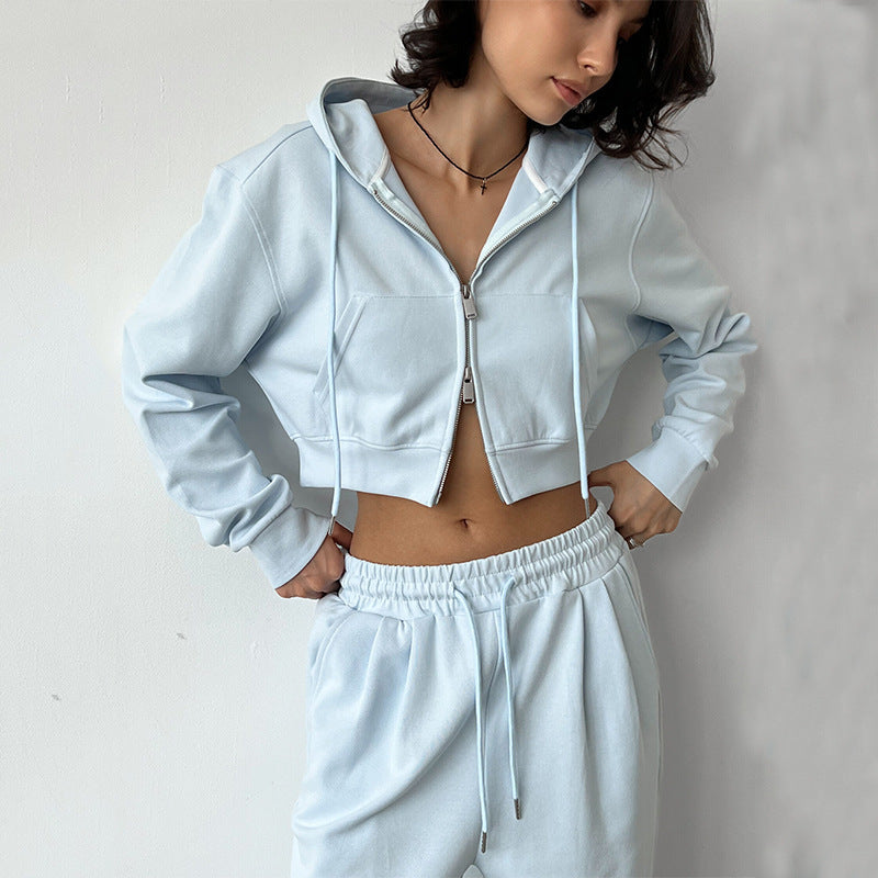 Damen modischer Cropped Hoodie und weit geschnittene Jogginghose Set Sovae
