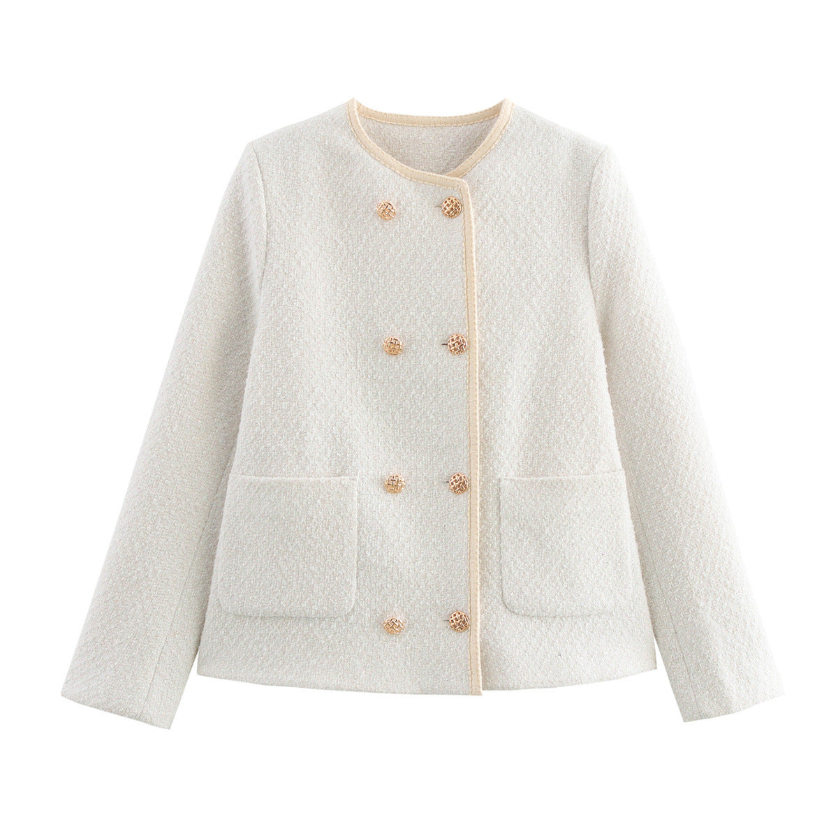 Damen elegante Bouclé-Jacke mit dekorativen Knöpfen und aufgesetzten Taschen Sovae