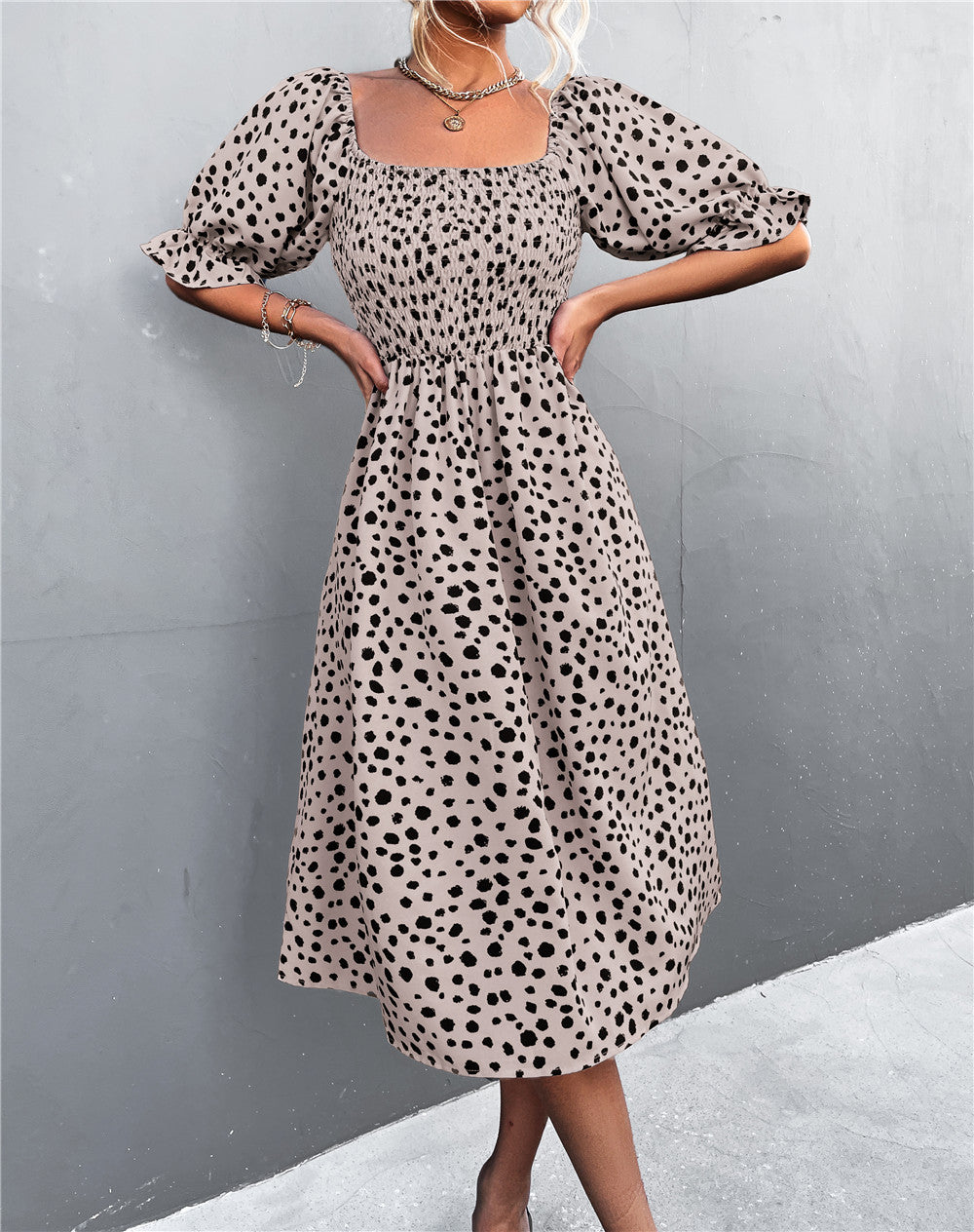 Damen Midikleid mit Puffärmeln und figurbetontem Taillenschnitt Sovae