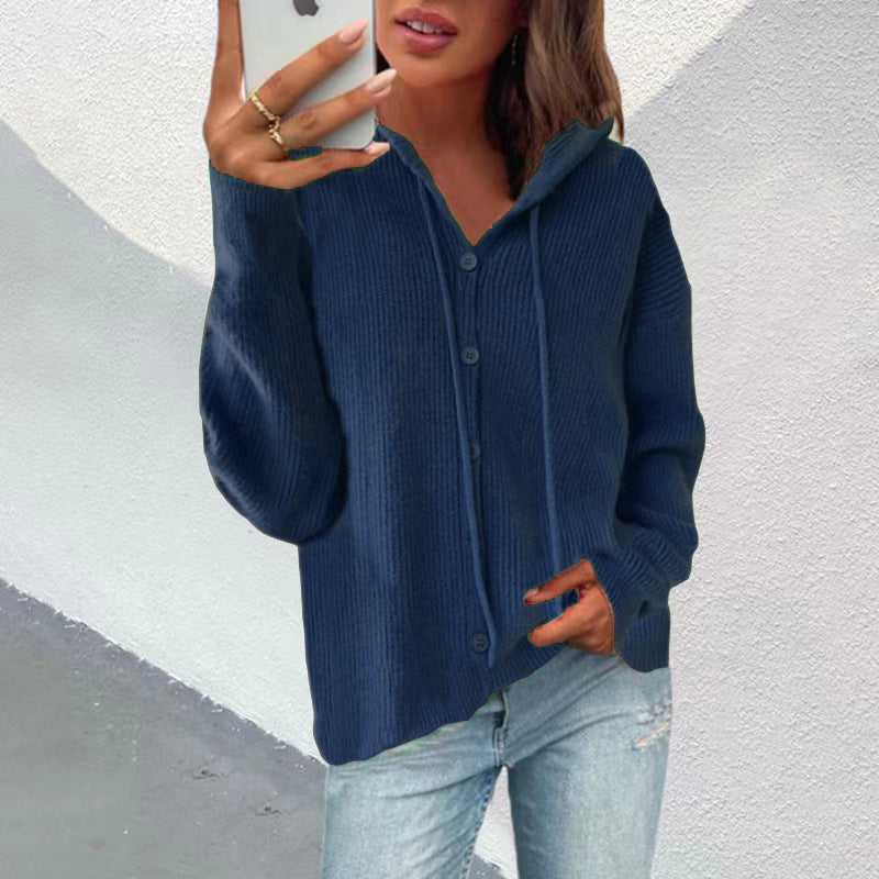 Damen Strickjacke mit Kapuze und Knopfleiste Sovae