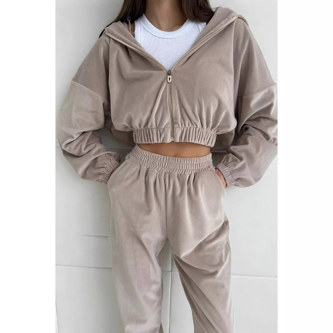 Damen sportlich-eleganter Fleece-Trainingsanzug mit hoher Taille und Reißverschluss Sovae