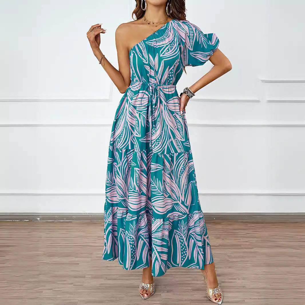 Damen Maxikleid mit asymmetrischem Träger und Rüschendetails Sovae