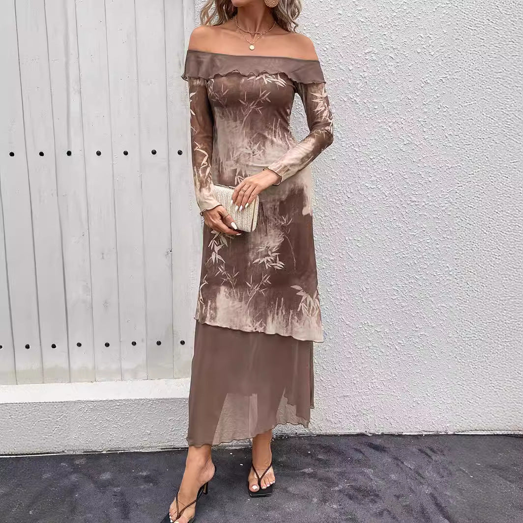 Damen Off-Shoulder Maxikleid mit elegantem Blütenmuster und fließendem Stoff Sovae