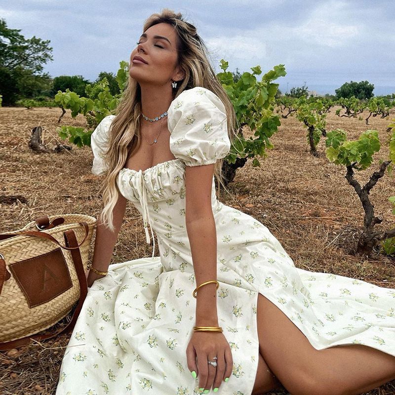 Damen Verspielt Elegantes Maxikleid mit Puffärmeln Sovae