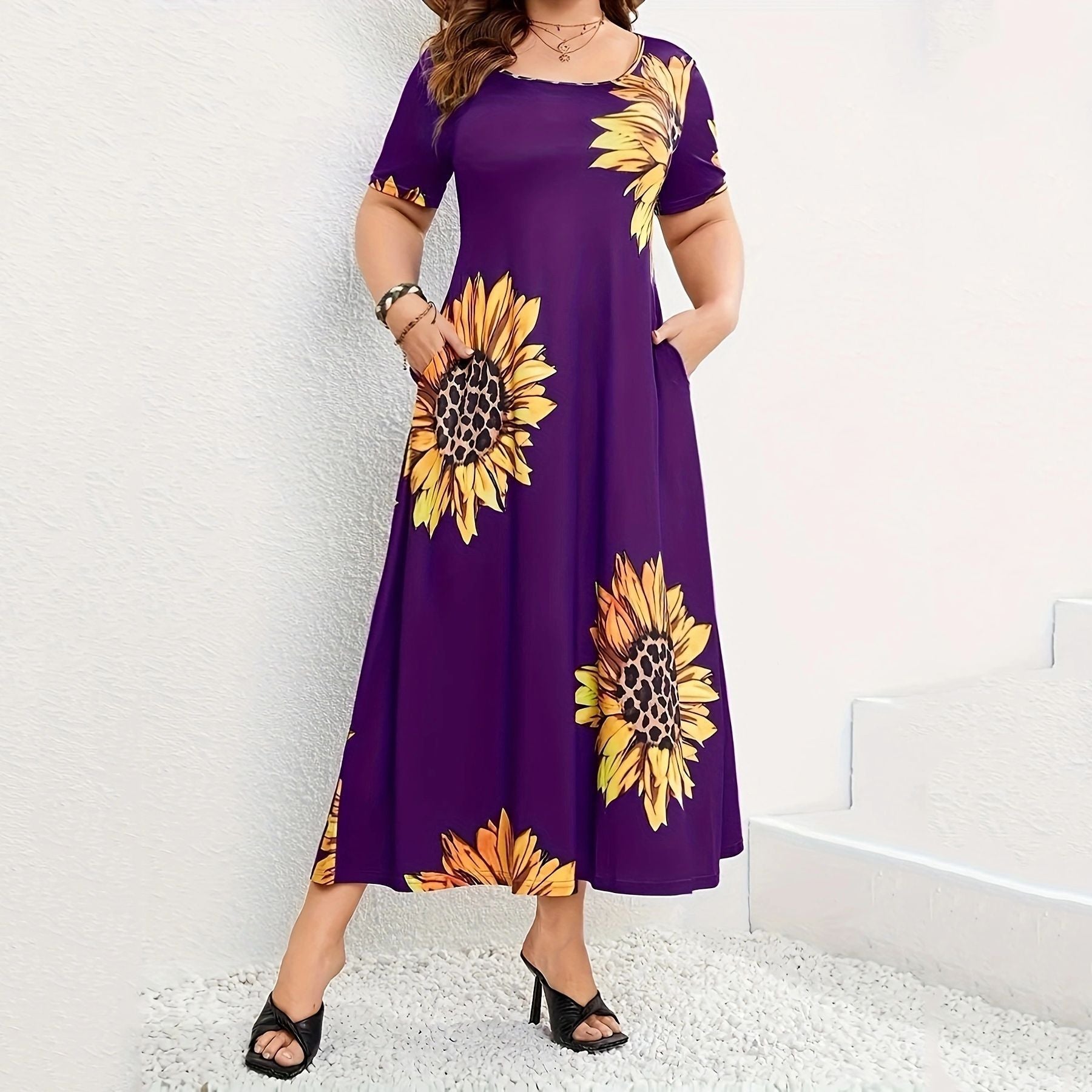 Damen Elegantes Maxikleid mit Blumenmuster und Taschen Sovae