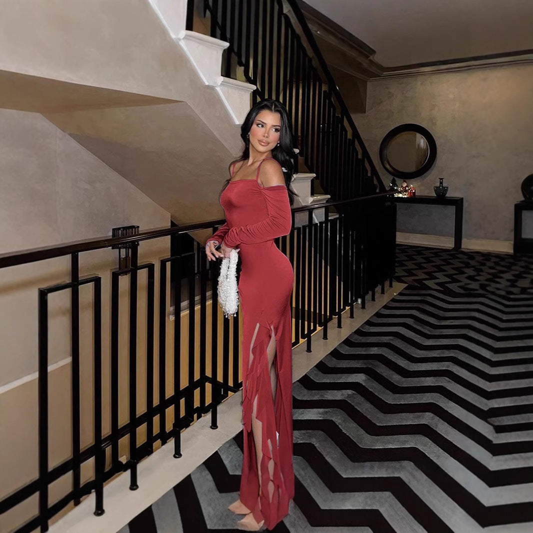 Damen Elegantes langärmliges Maxikleid mit asymmetrischem Saum und Rüschendetails Sovae