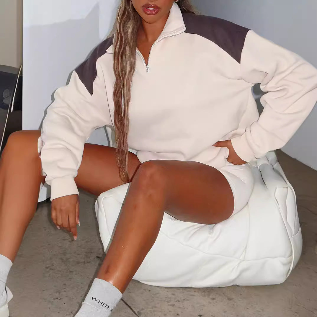 Damen sportlicher Zip-Pullover mit Kontrastärmeln Sovae