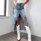 Damen High-Waist Denim-Rock mit Fransen und Schlitz Sovae
