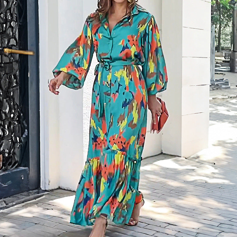 Damen luftiges Maxikleid mit buntem Grafikdesign und eleganten Rüschendetails Sovae