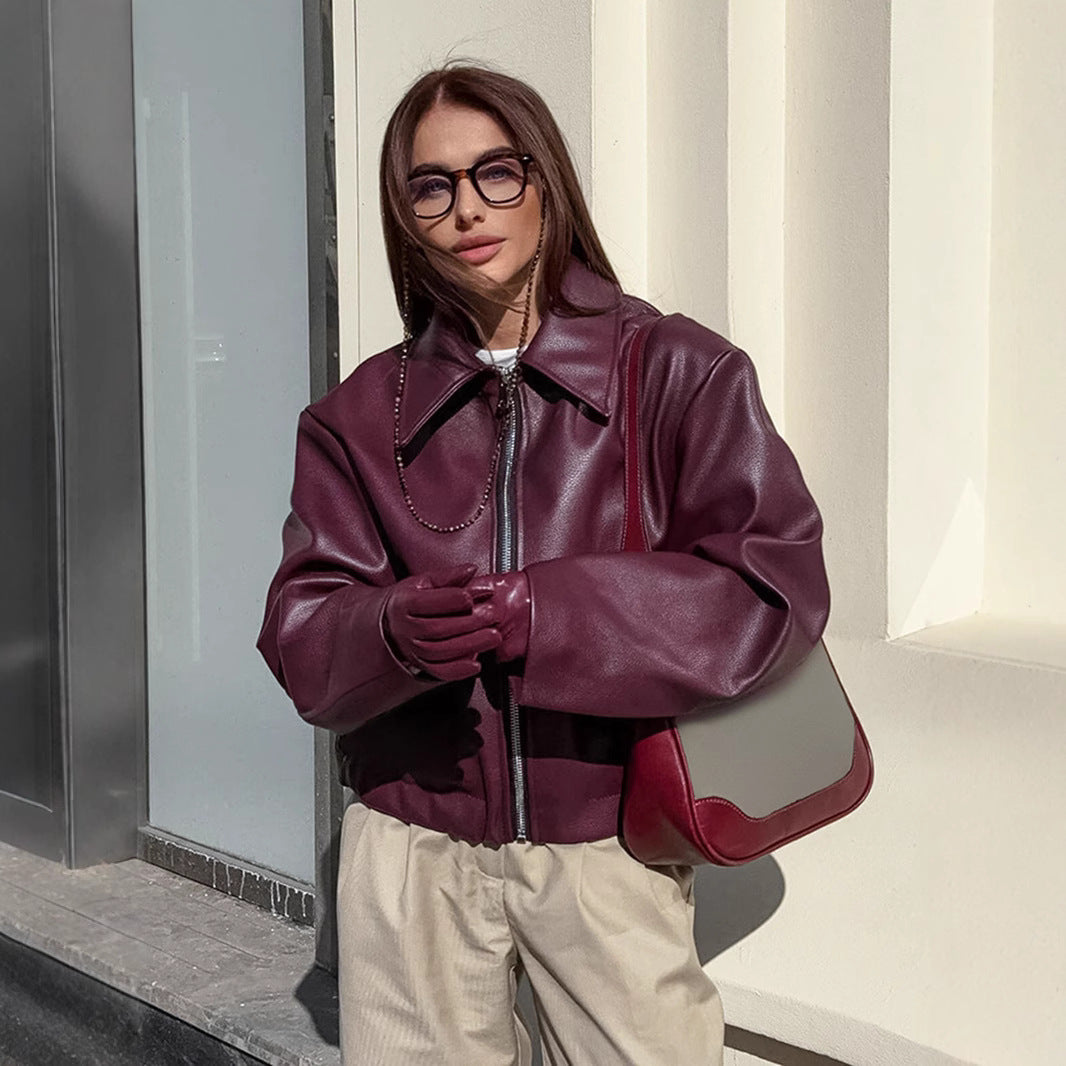 Damen modische Kunstlederjacke mit oversized Schnitt Sovae