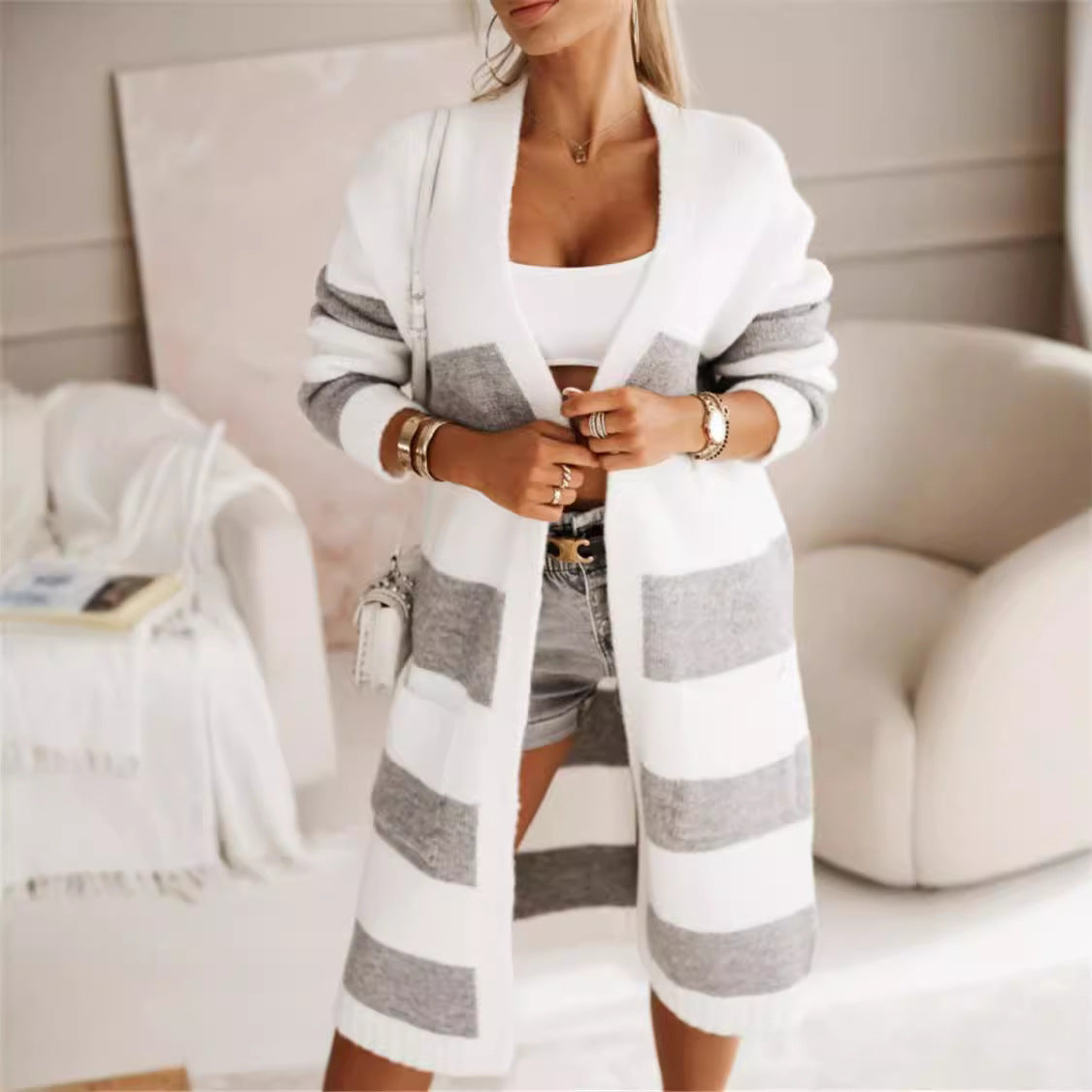 Damen lässiger Strickmantel mit großen Streifen Sovae