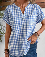 Damen leichte Kurzarmbluse mit kariertem Muster und praktischen Brusttaschen Sovae