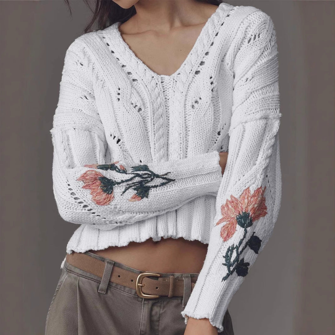 Damen Strickpullover mit floralem Design und V-Ausschnitt Sovae