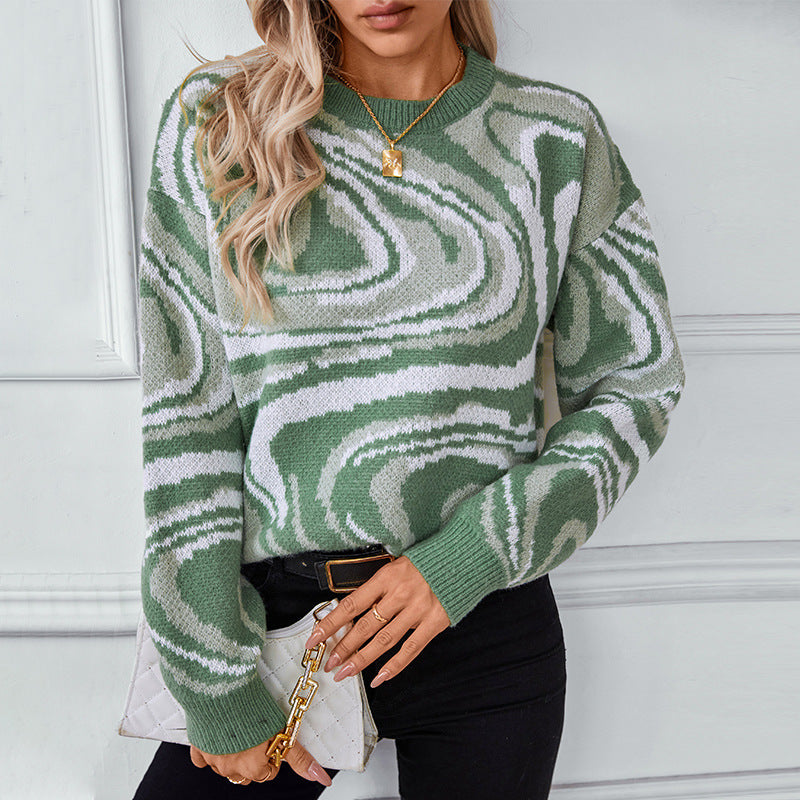 Damen gemusterter Strickpullover mit modernem Wellenmuster und Rundhalsausschnitt Sovae
