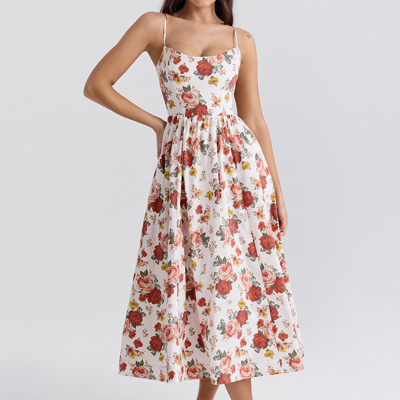 Damen blumiges Midi-Kleid mit Spaghettiträgern und voluminösem Rock Sovae