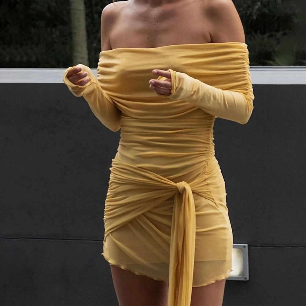 Damen Off-Shoulder Minikleid mit Drapierung und transparenten Ärmeln Sovae