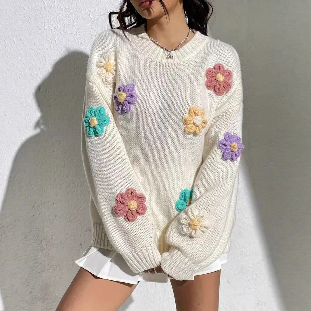 Damen blumengestickter Oversized-Pullover Sovae