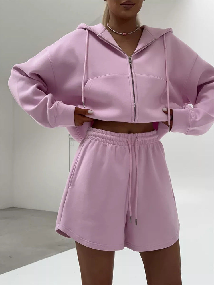 Damen sportliches Cropped Hoodie und Shorts Set Sovae