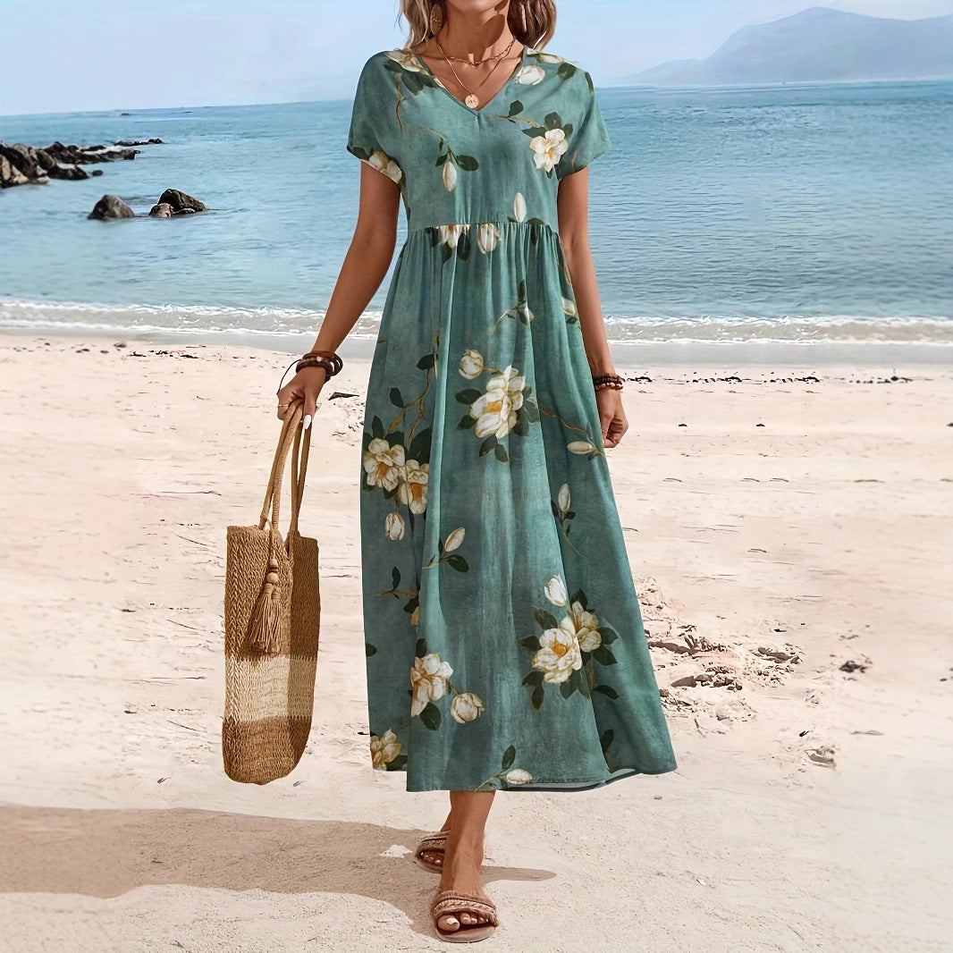 Damen Maxikleid mit floralem Design und elastischem Taillenband Sovae
